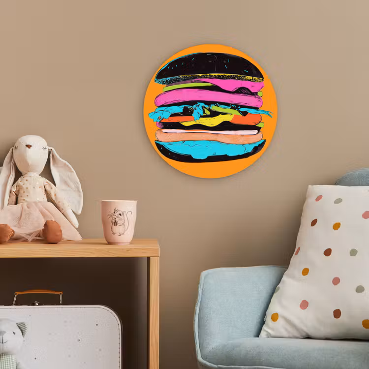 Hamburger - Kleurrijk - Speels Wandcirkel kunststof plaat 5mm dik klein -tsfeer1_kind