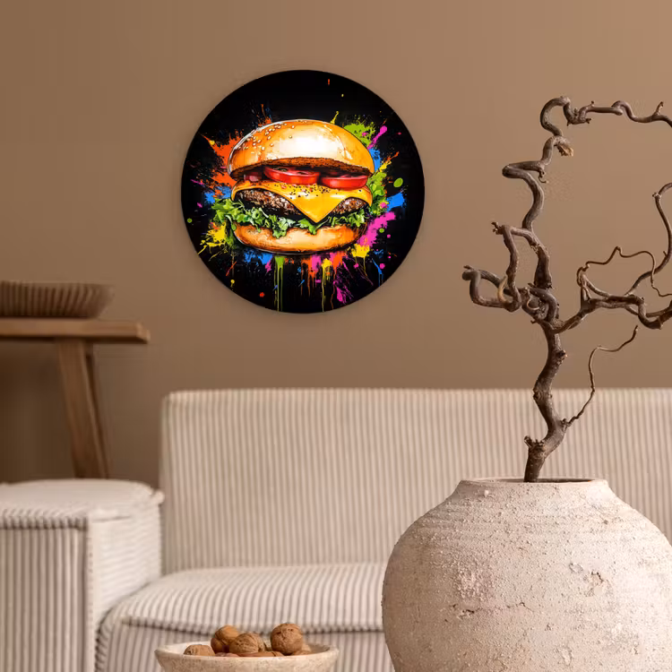 Hamburger - Graffiti - Verf - Kleurrijk - Eten - Abstract Wandcirkel kunststof plaat 5mm dik klein -sfeer1