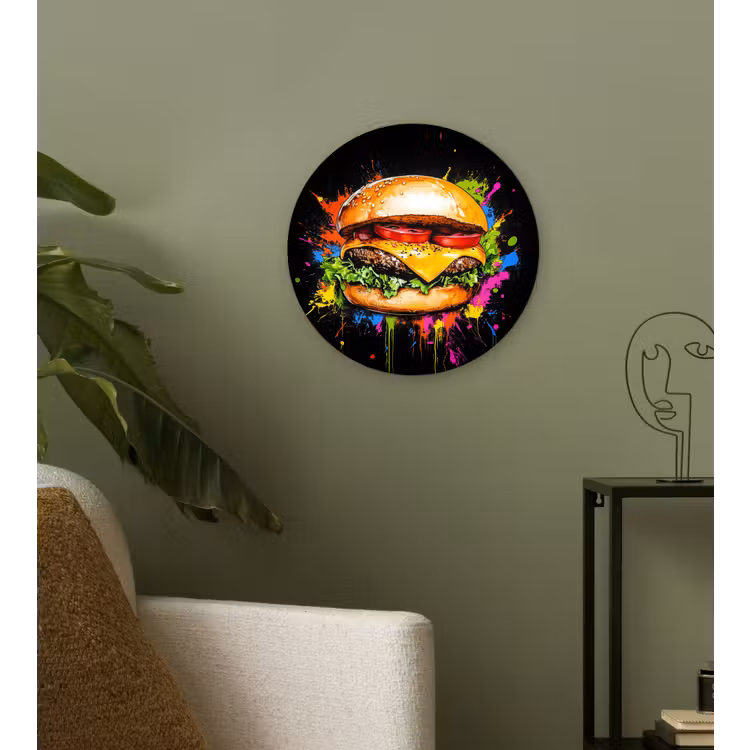 Hamburger - Graffiti - Verf - Kleurrijk - Eten - Abstract Wandcirkel kunststof plaat 5mm dik klein -sfeer3