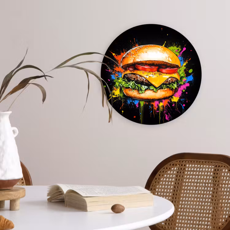 Hamburger - Graffiti - Verf - Kleurrijk - Eten - Abstract Wandcirkel kunststof plaat 5mm dik klein -sfeer4
