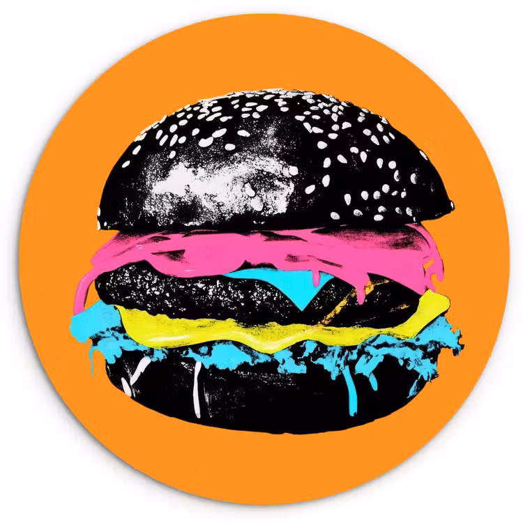 Hamburger - Oranje - Neon - popart Wandcirkel kunststof plaat 5mm dik klein -3d