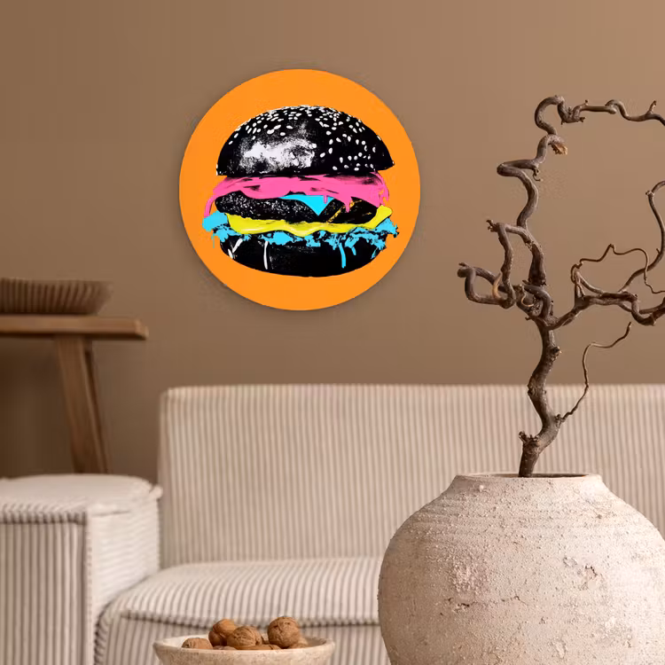 Hamburger - Oranje - Neon - popart Wandcirkel kunststof plaat 5mm dik klein -sfeer1