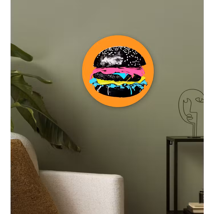 Hamburger - Oranje - Neon - popart Wandcirkel kunststof plaat 5mm dik klein -sfeer3