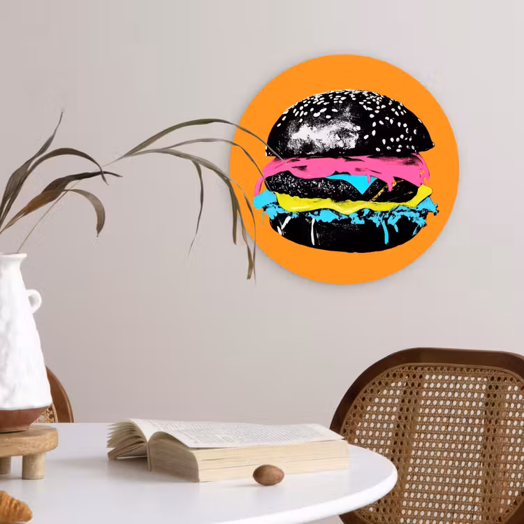 Hamburger - Oranje - Neon - popart Wandcirkel kunststof plaat 5mm dik klein -sfeer4