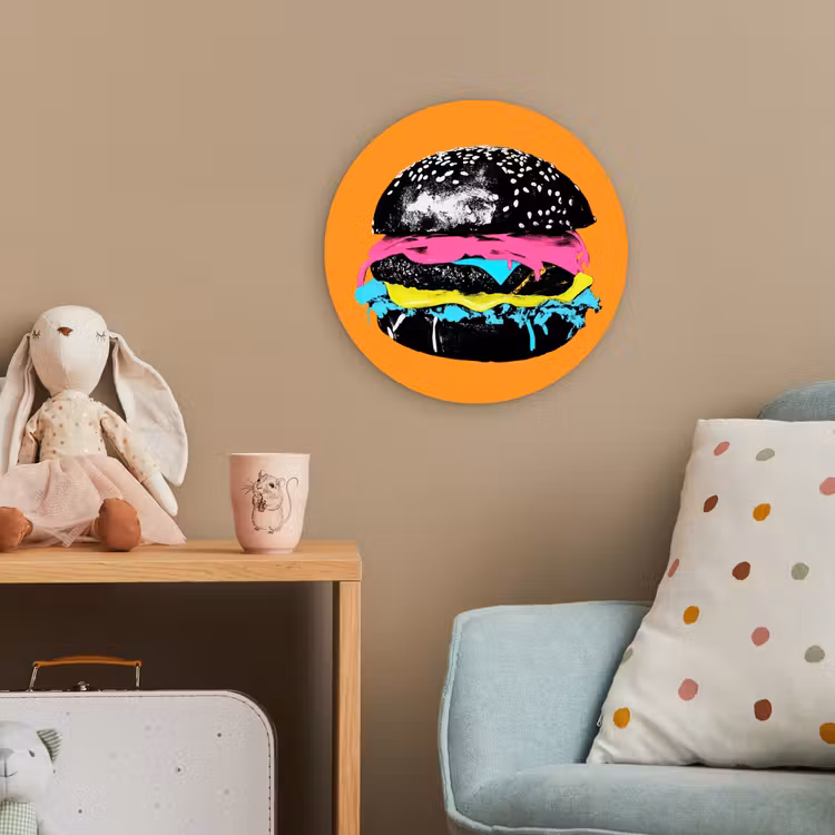 Hamburger - Oranje - Neon - popart Wandcirkel kunststof plaat 5mm dik klein -tsfeer1_kind