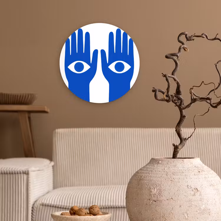 Handen - Twee - Ogen - Blauw Wandcirkel kunststof plaat 5mm dik klein -sfeer1