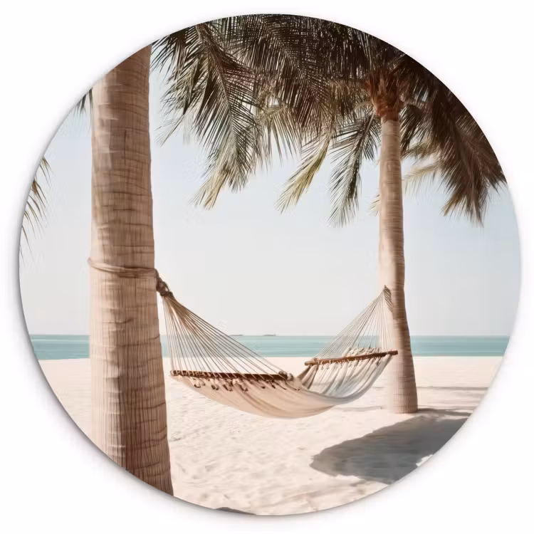 Hangmat - Palmbomen - Strand - Zee Wandcirkel kunststof plaat 5mm dik klein -3d