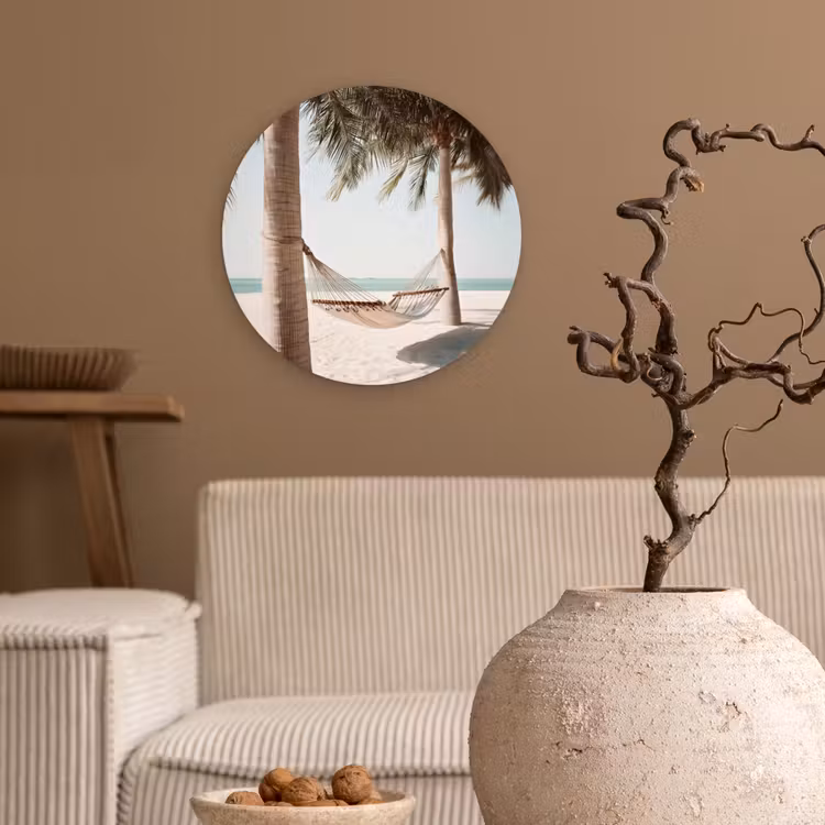 Hangmat - Palmbomen - Strand - Zee Wandcirkel kunststof plaat 5mm dik klein -sfeer1