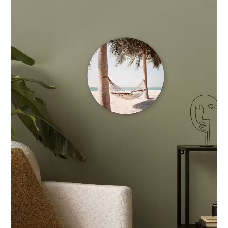 Hangmat - Palmbomen - Strand - Zee Wandcirkel kunststof plaat 5mm dik klein -sfeer3