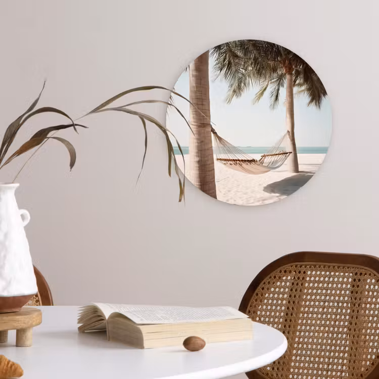 Hangmat - Palmbomen - Strand - Zee Wandcirkel kunststof plaat 5mm dik klein -sfeer4