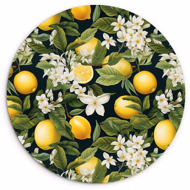 Hangende - Citroenen - Witte - Bloemetjes Wandcirkel kunststof plaat 5mm dik klein 188 -3d
