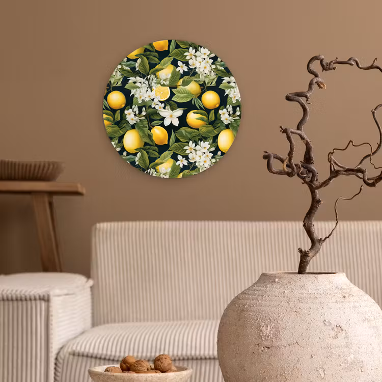 Hangende - Citroenen - Witte - Bloemetjes Wandcirkel kunststof plaat 5mm dik klein 188 -sfeer1