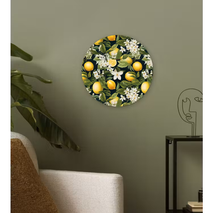 Hangende - Citroenen - Witte - Bloemetjes Wandcirkel kunststof plaat 5mm dik klein 188 -sfeer3