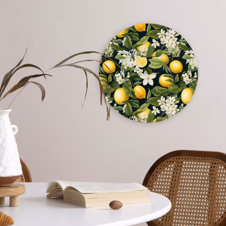 Hangende - Citroenen - Witte - Bloemetjes Wandcirkel kunststof plaat 5mm dik klein 188 -sfeer4