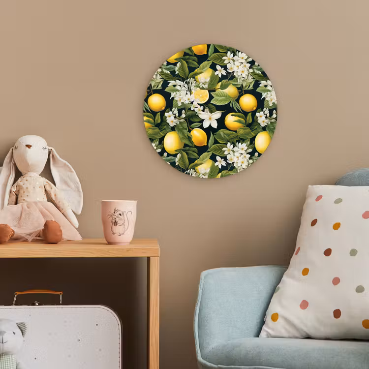 Hangende - Citroenen - Witte - Bloemetjes Wandcirkel kunststof plaat 5mm dik klein 188 -tsfeer1_kind