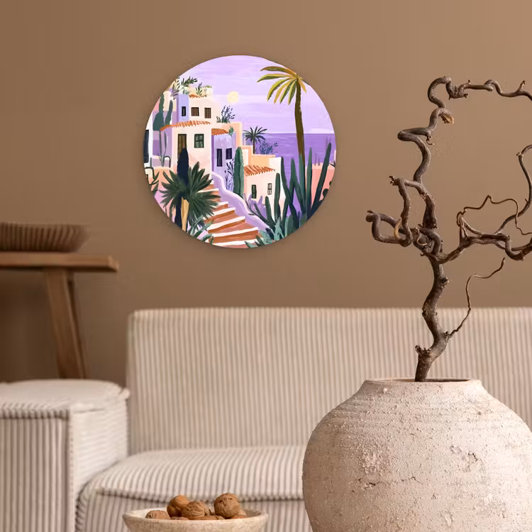 Huizen - Minimalistisch - Palmbomen - Kust Wandcirkel kunststof plaat 5mm dik klein -sfeer1