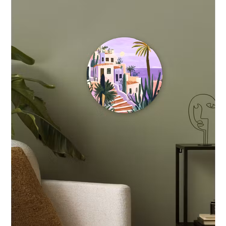 Huizen - Minimalistisch - Palmbomen - Kust Wandcirkel kunststof plaat 5mm dik klein -sfeer3