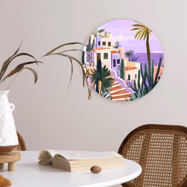 Huizen - Minimalistisch - Palmbomen - Kust Wandcirkel kunststof plaat 5mm dik klein -sfeer4