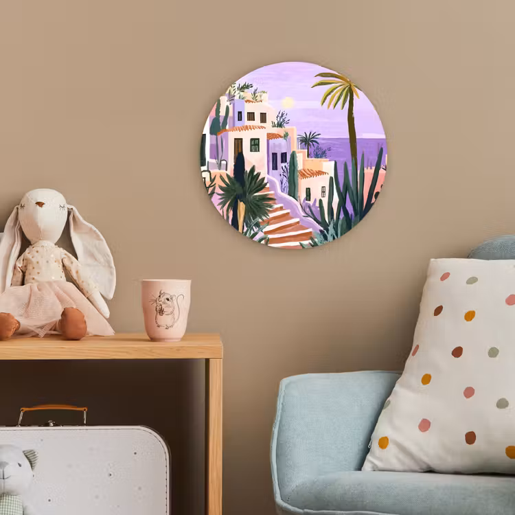 Huizen - Minimalistisch - Palmbomen - Kust Wandcirkel kunststof plaat 5mm dik klein -tsfeer1_kind