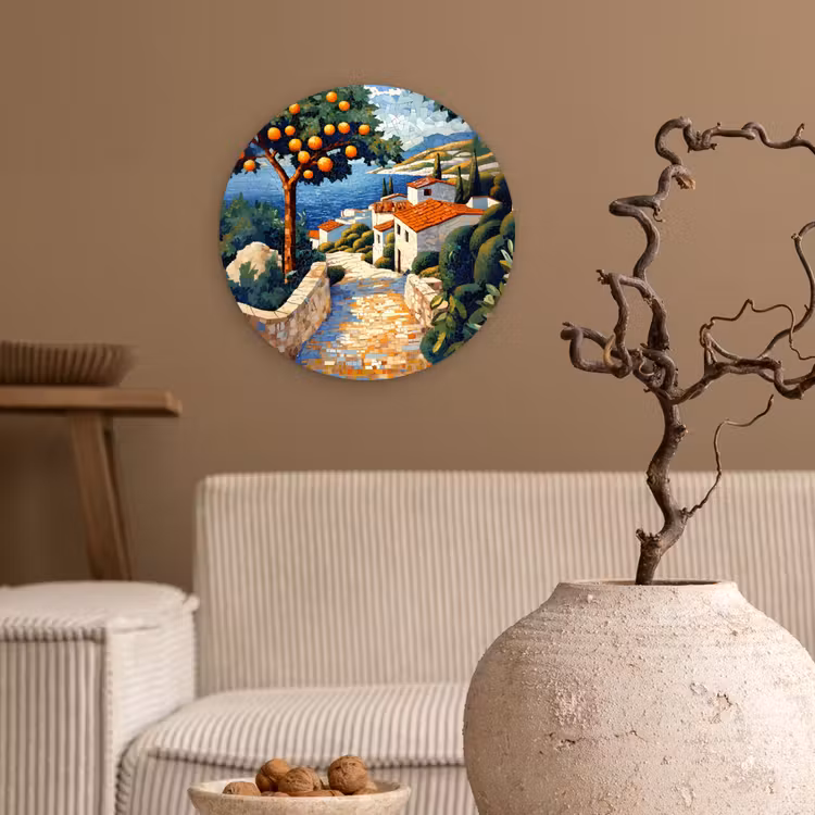Huizen - Mozaïek - Sinaasappelbomen - Zee Wandcirkel kunststof plaat 5mm dik klein -sfeer1