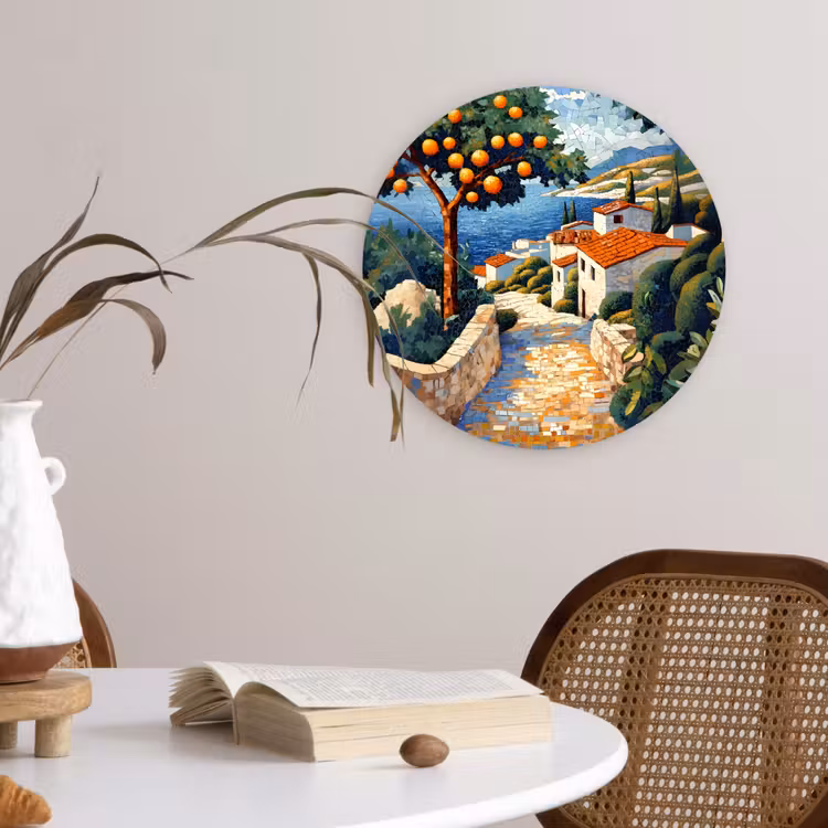 Huizen - Mozaïek - Sinaasappelbomen - Zee Wandcirkel kunststof plaat 5mm dik klein -sfeer4