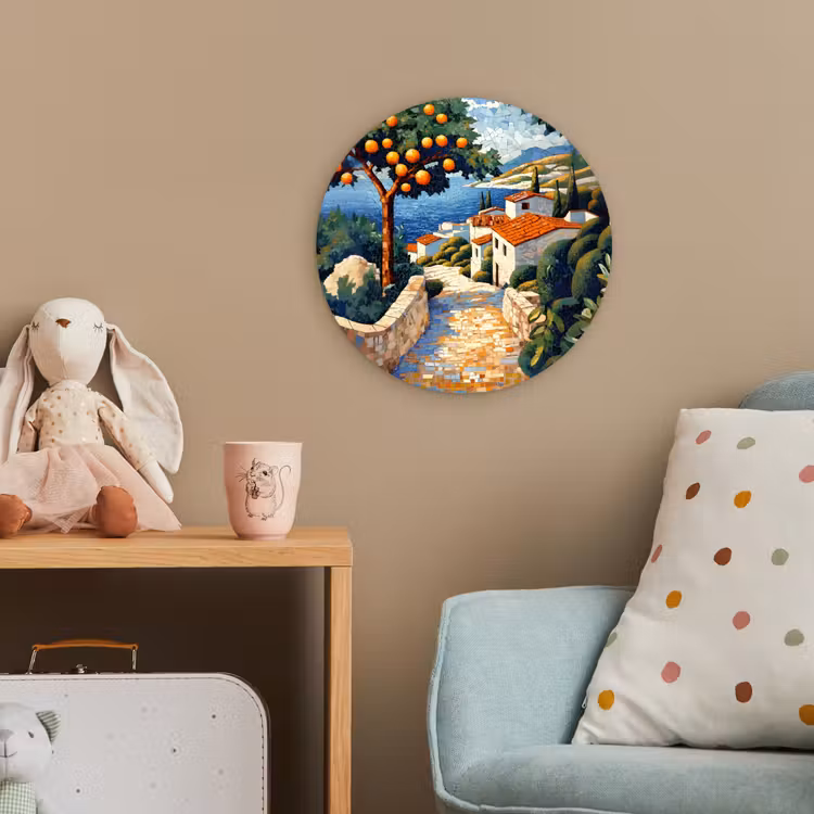 Huizen - Mozaïek - Sinaasappelbomen - Zee Wandcirkel kunststof plaat 5mm dik klein -tsfeer1_kind