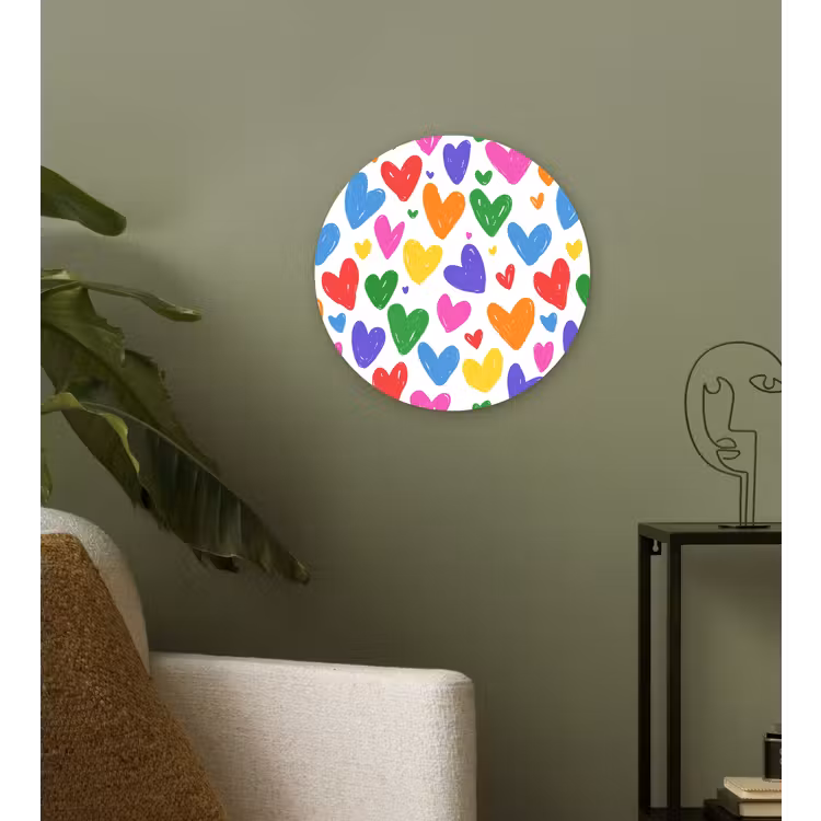 Hartjes - Patroon - Kleurrijk - Tekening Wandcirkel kunststof plaat 5mm dik klein -sfeer3