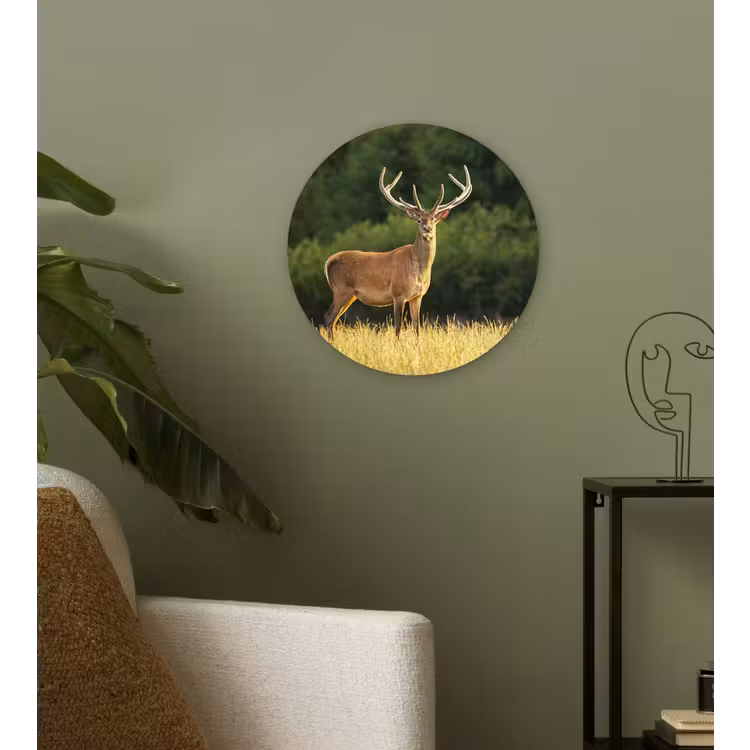 Hert - Gewei - Gras - Natuur - Dieren - Groen Wandcirkel kunststof plaat 5mm dik klein -sfeer3