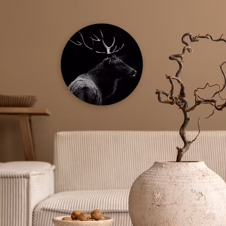 Hert - Zwart - Portret - Gewei - Dieren Wandcirkel kunststof plaat 5mm dik klein -sfeer1
