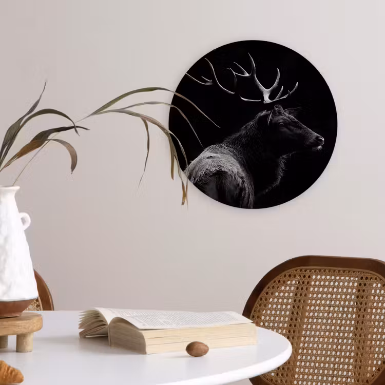 Hert - Zwart - Portret - Gewei - Dieren Wandcirkel kunststof plaat 5mm dik klein -sfeer4