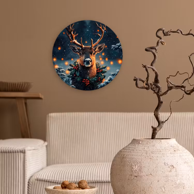 Hert - Kerst - Winter - Sneeuw - Kerstkrans Wandcirkel kunststof plaat 5mm dik klein -sfeer1