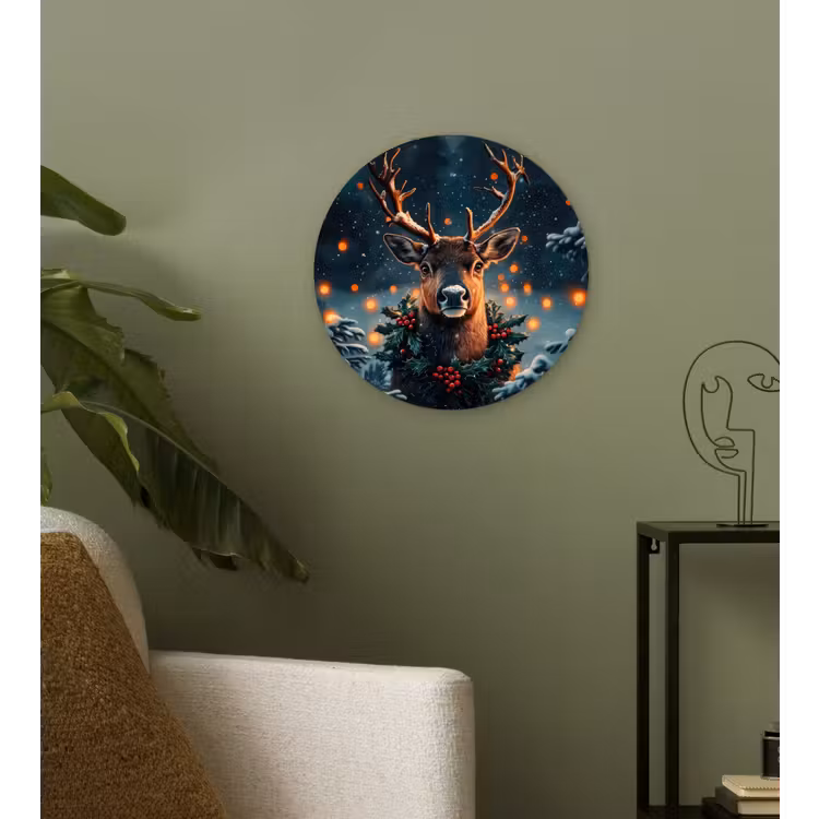Hert - Kerst - Winter - Sneeuw - Kerstkrans Wandcirkel kunststof plaat 5mm dik klein -sfeer3
