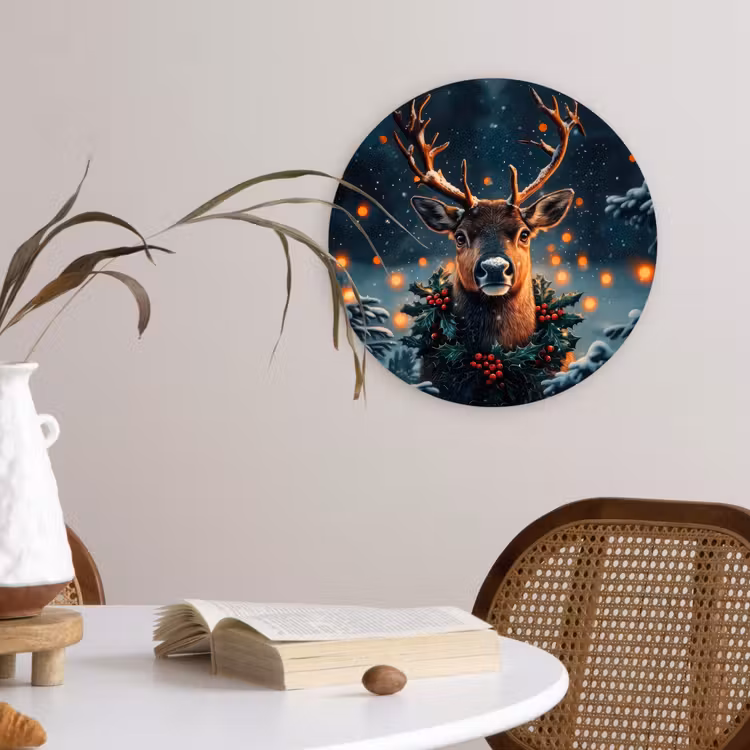 Hert - Kerst - Winter - Sneeuw - Kerstkrans Wandcirkel kunststof plaat 5mm dik klein -sfeer4