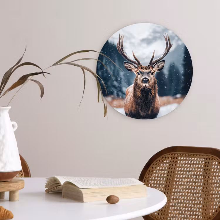 Hert - Winter - Hertenkop - Sneeuw - Gewei Wandcirkel kunststof plaat 5mm dik klein -sfeer4