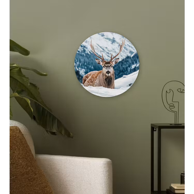 Hert - Landschap - Winter - Natuur - Dieren - Bergen Wandcirkel kunststof plaat 5mm dik klein -sfeer3