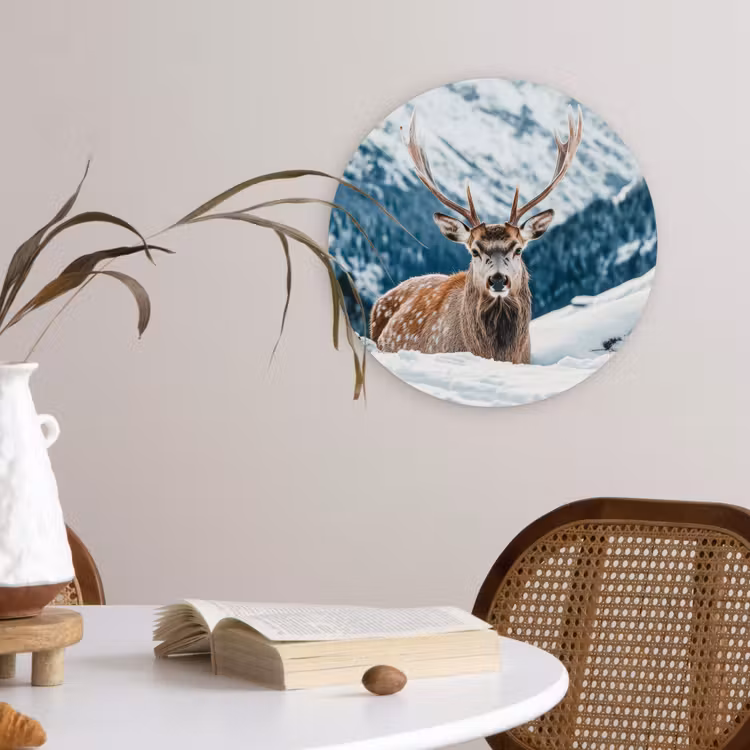 Hert - Landschap - Winter - Natuur - Dieren - Bergen Wandcirkel kunststof plaat 5mm dik klein -sfeer4