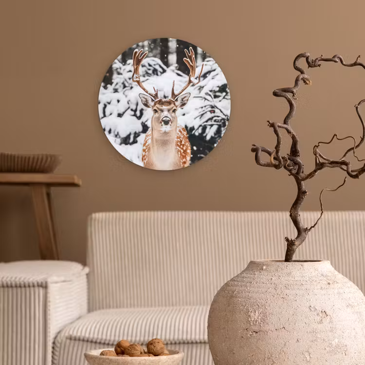 Hert - Sneeuw - Winter - Bos - Dieren Wandcirkel kunststof plaat 5mm dik klein -sfeer1