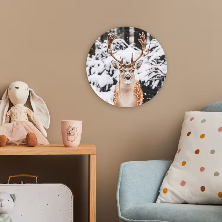 Hert - Sneeuw - Winter - Bos - Dieren Wandcirkel kunststof plaat 5mm dik klein -tsfeer1_kind