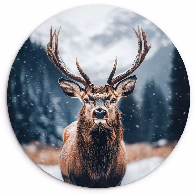 Hert - Dieren - Landschap - Winter - Sneeuw Wandcirkel kunststof plaat 5mm dik klein -3d