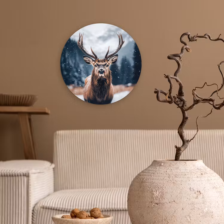 Hert - Dieren - Landschap - Winter - Sneeuw Wandcirkel kunststof plaat 5mm dik klein -sfeer1