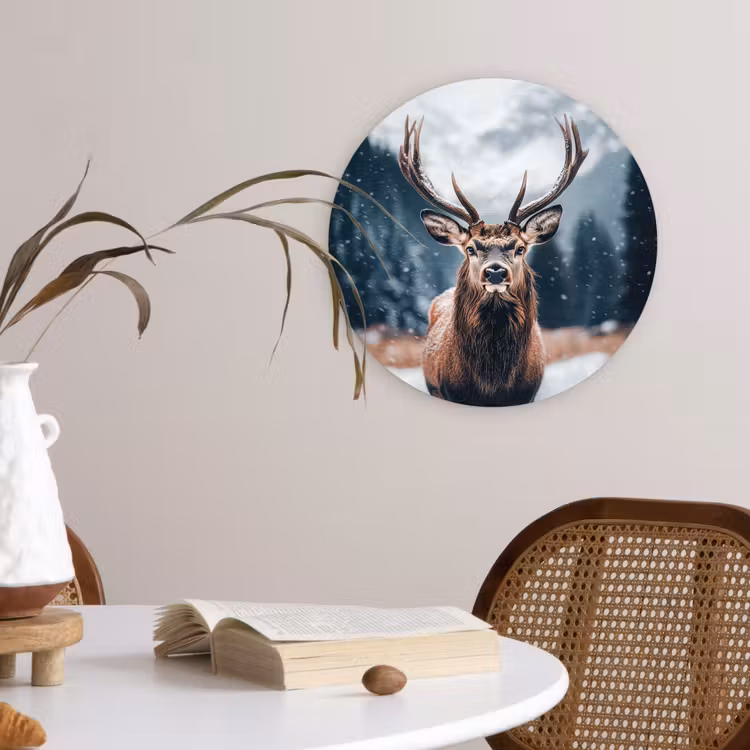 Hert - Dieren - Landschap - Winter - Sneeuw Wandcirkel kunststof plaat 5mm dik klein -sfeer4