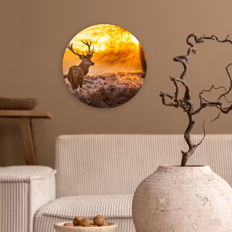 Hert - Dieren - Zonsondergang - Winter - Heide - Natuur Wandcirkel kunststof plaat 5mm dik klein -sfeer1