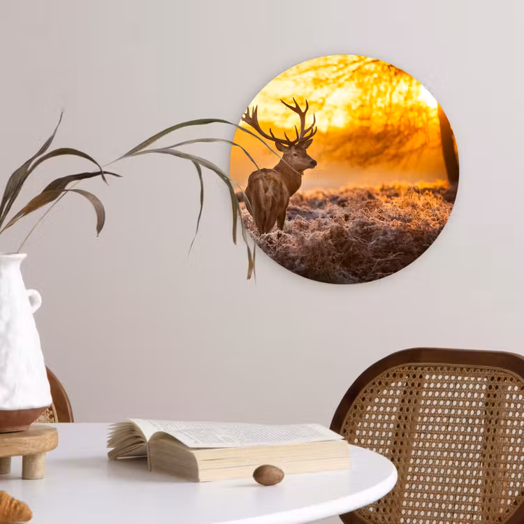 Hert - Dieren - Zonsondergang - Winter - Heide - Natuur Wandcirkel kunststof plaat 5mm dik klein -sfeer4