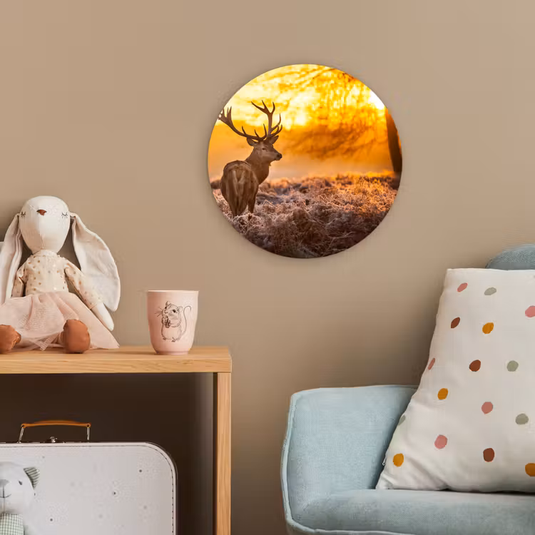 Hert - Dieren - Zonsondergang - Winter - Heide - Natuur Wandcirkel kunststof plaat 5mm dik klein -tsfeer1_kind