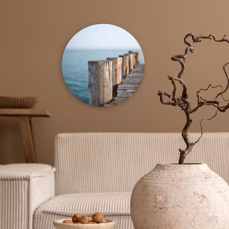 Houten steiger - Helderblauwe lucht Wandcirkel kunststof plaat 5mm dik klein -sfeer1