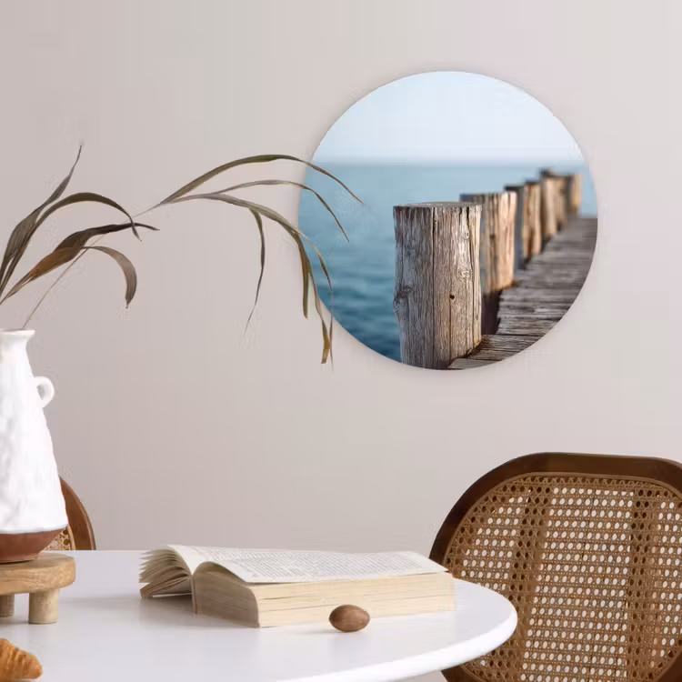 Houten steiger - Helderblauwe lucht Wandcirkel kunststof plaat 5mm dik klein -sfeer4