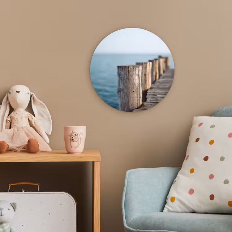 Houten steiger - Helderblauwe lucht Wandcirkel kunststof plaat 5mm dik klein -tsfeer1_kind