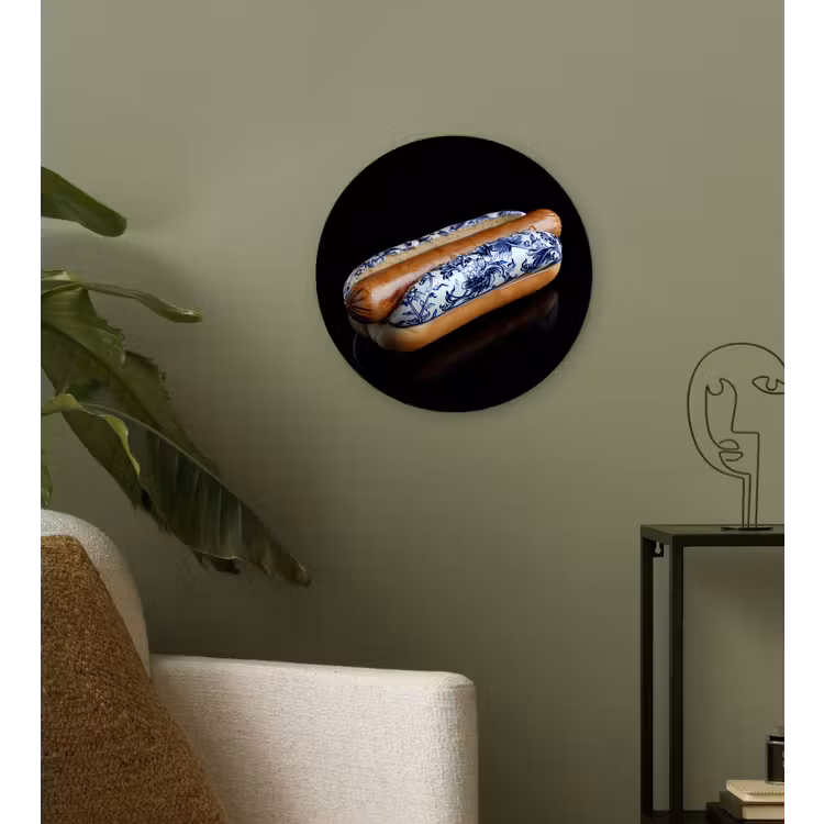 Hotdog - Porselein - Delfts blauw - Eten Wandcirkel kunststof plaat 5mm dik klein -sfeer3