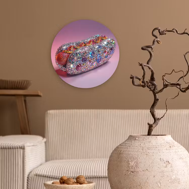 Hotdog - Steentjes - Glitters - Paars Wandcirkel kunststof plaat 5mm dik klein -sfeer1