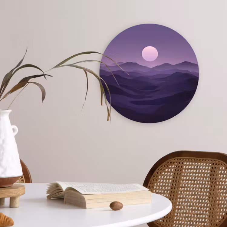 Heuvels - Paars - Mist - Zon Wandcirkel kunststof plaat 5mm dik klein -sfeer4